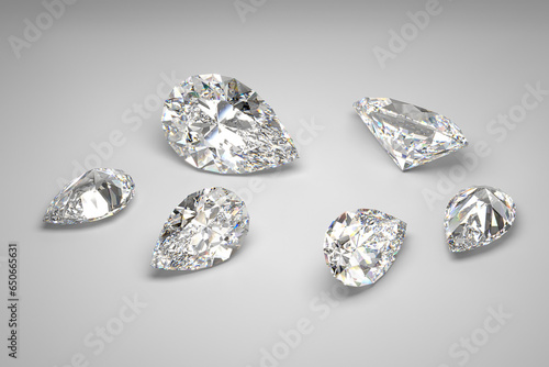 Scattering of diamonds of different sizes on a white background.  Exhibition of precious stones. Pear cut. 3d rendering.