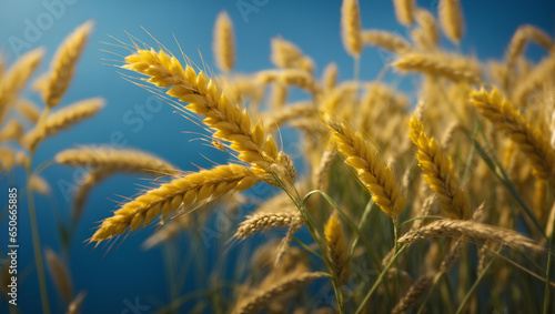 Ears of wheat on a blue background. Harvest concept. Ukrainian grain crisis. 