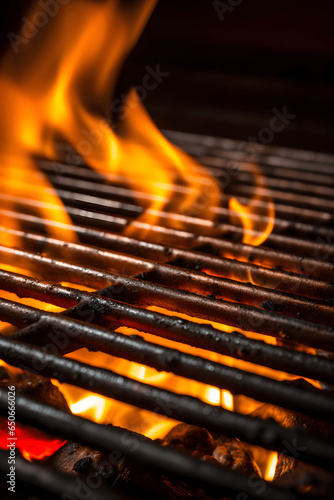 Leerer flammender Holzkohlegrill mit offenem Feuer und Grillrost