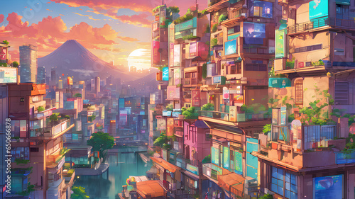 Image of city streets in anime style in bright and delicate colors. City landscape illustration. City wallpaper. AI generated © Anton