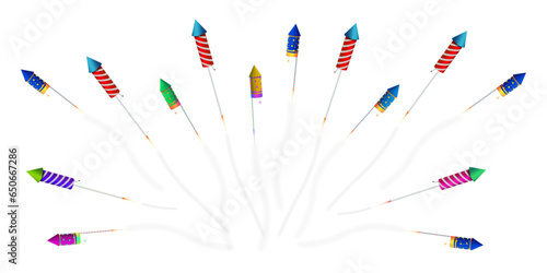 Set of colorful fireworks rocket isolated in different colors on a white background.