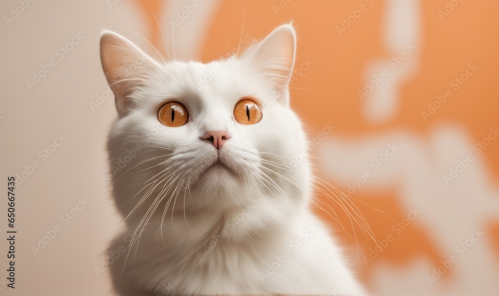 White Cat with Playful Expression on Orange Background: Conceptual Photography White Cat with Playful Expression on Orange Background: Conceptual Photography