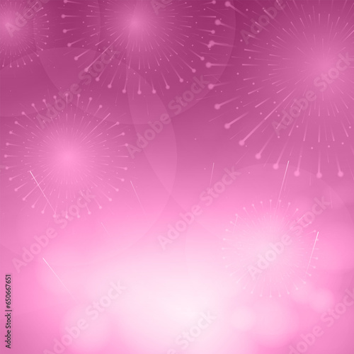 Vector illustration of fireworks on pink background. Fireworks background. Happy Diwali celebration firecrackers on abstract background in bokeh effects.