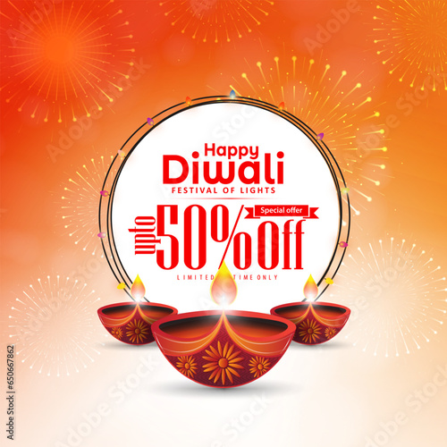 50% off Diwali celebration promotional banner with diya oil lamps and fireworks background.