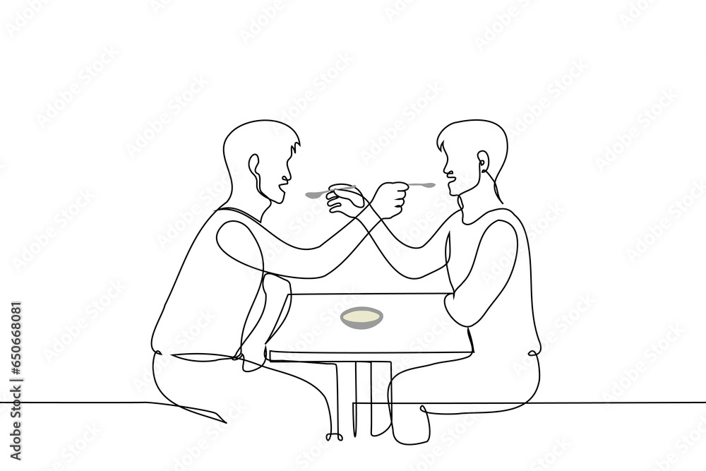 men spoon feeding each other - one line art vector. concept lovers gays in a cafe or restaurant, metaphor for sharing food, symbiosis, compromise in relationships men spoon feeding each other - one line art vector. concept lovers gays in a cafe or restaurant, metaphor for sharing food, symbiosis, compromise in relationships