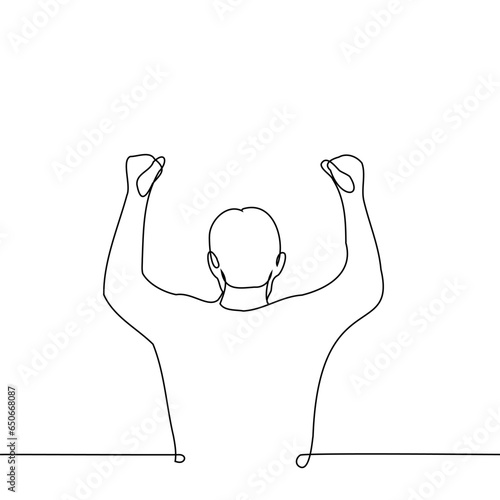 male fan silhouette from the back standing with his fists raised - one line art vector. concept of male fanaticism, male fan