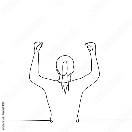 woman fan silhouette from the back stands with her fists raised - one line art vector. female fanaticism, female fan