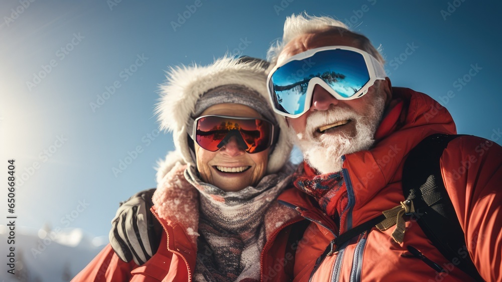 Elderly man and woman couple in the snow with ski equipment Elderly man and woman couple in the snow with ski equipment