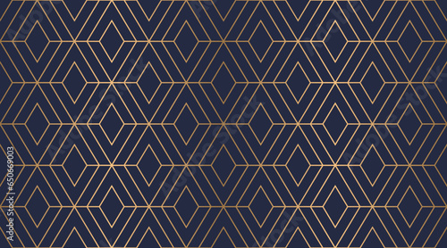 Art deco gold and blue ornate seamless diamond rhombus pattern, luxury repeat line  background, vector illustration.