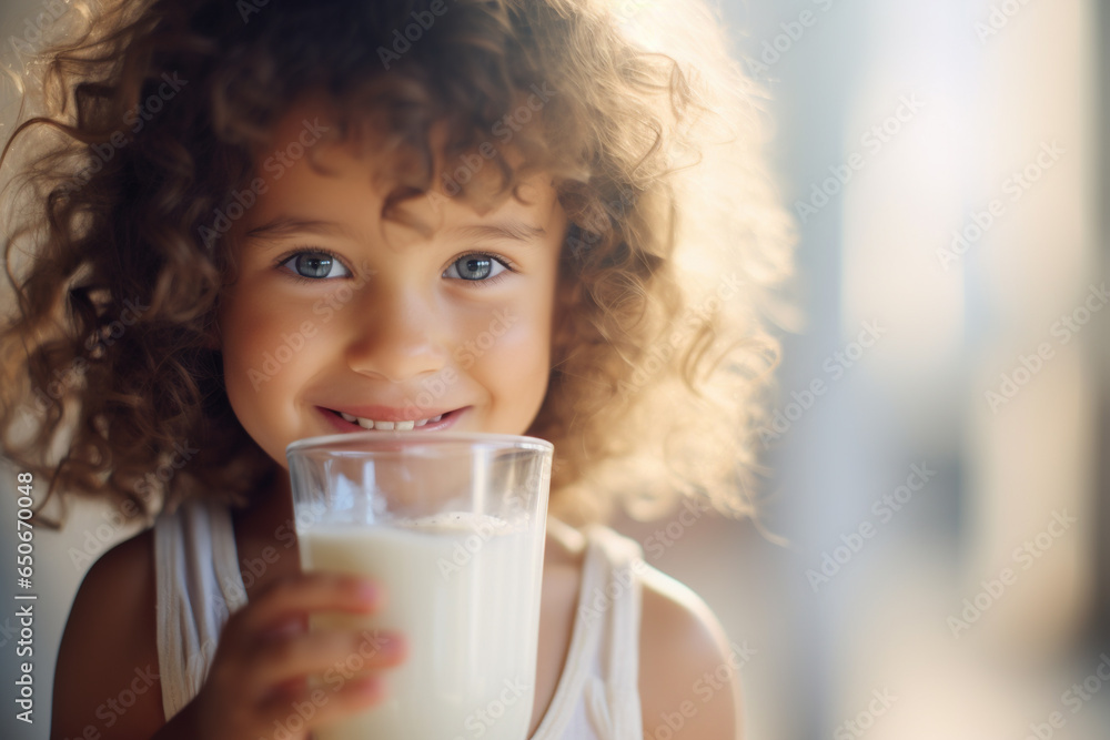 Close-up photo of Little girl enjoy drinking fresh milk Close-up photo of Little girl enjoy drinking fresh milk