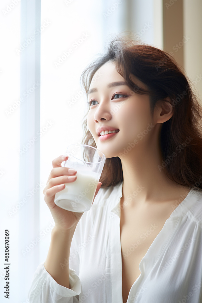 Young beautiful girl enjoying delicious fresh milk by the window Young beautiful girl enjoying delicious fresh milk by the window
