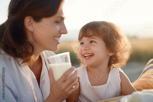 Little girl and mother happily drinking milk on picnic outdoors