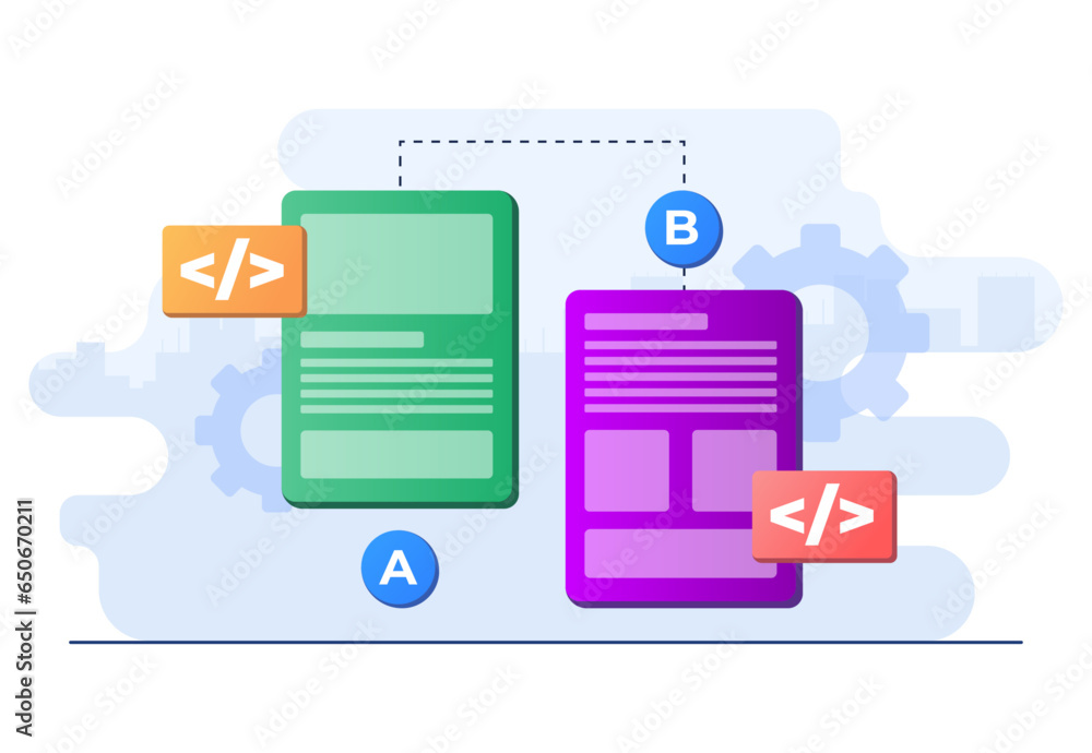 AB testing concept flat illustration vector template for website banner, Comparison split wireframe application on display smartphone, compare test result between 2 page of website design