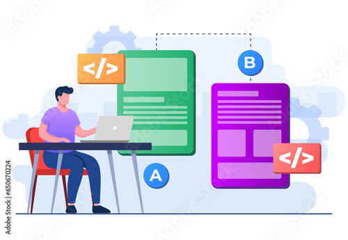 AB testing concept flat illustration vector template for website banner, Comparison split wireframe application on display smartphone, compare test result between 2 page of website design