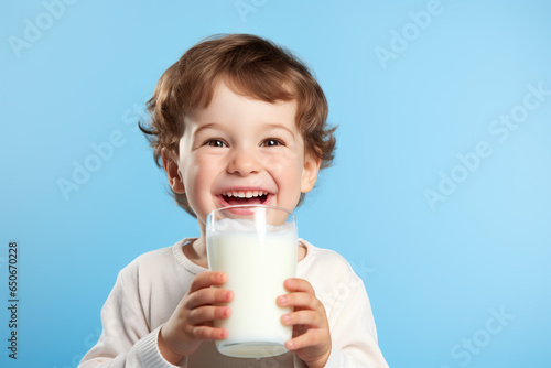 Caucasian little boy happily drinking milk isolated on blue background