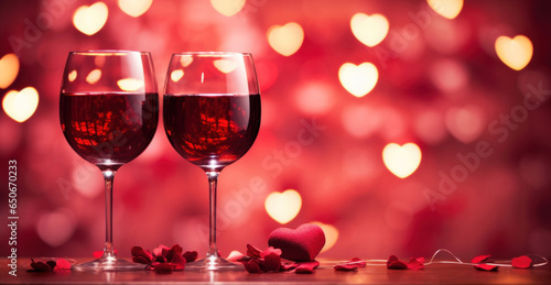 Romantic concept. Two glasses of vine with pink rose petals with bokeh background. Valentine's day banner. Celebration with wine and red rose.