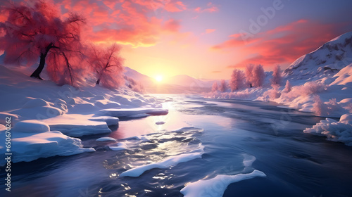 Snowy glacial landscape with a dusk sunset. Small river running towards the horizon. Frosty winter scenery.