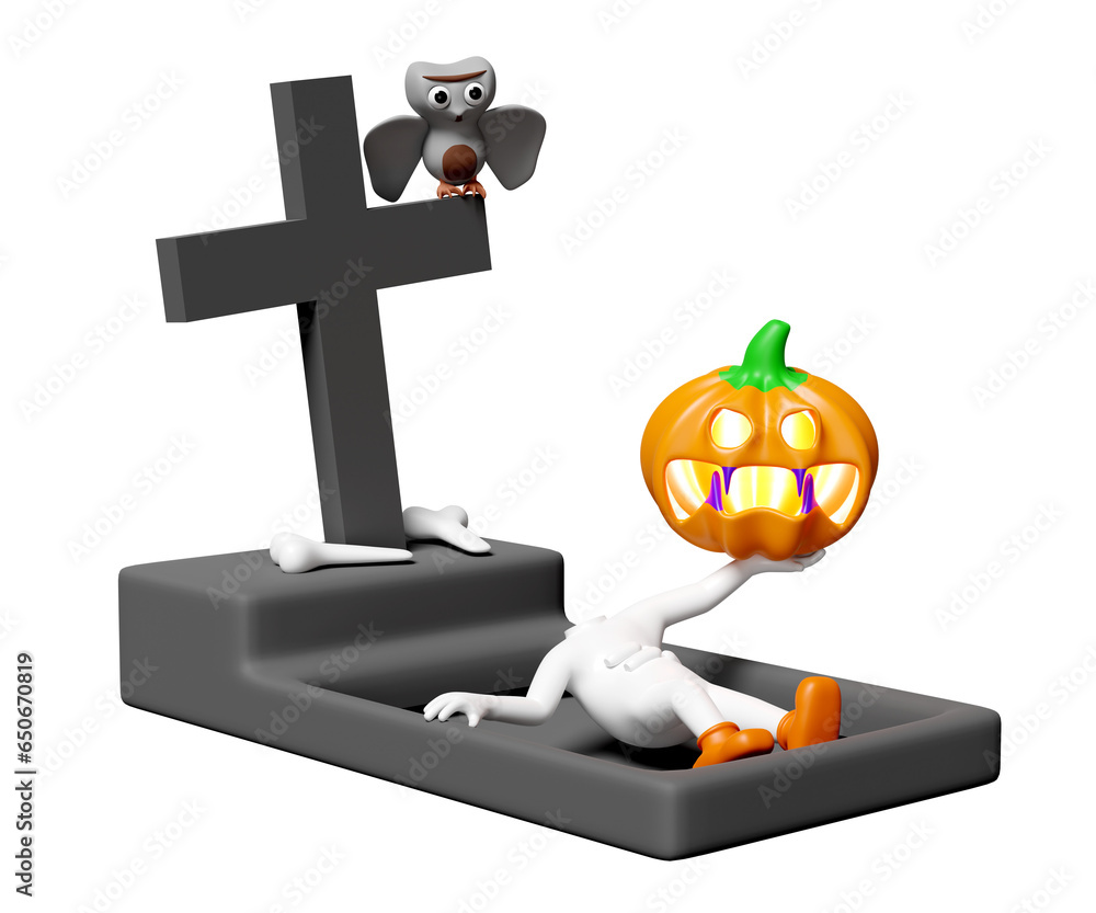 3d halloween holiday party with pumpkin head man hand holding pumpkin head sleeping in the cemetery, owl isolated. 3d render illustration 3d halloween holiday party with pumpkin head man hand holding pumpkin head sleeping in the cemetery, owl isolated. 3d render illustration