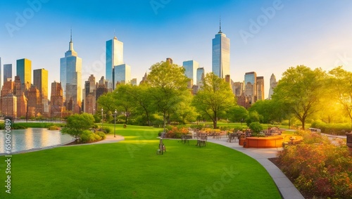 Downtown Manhattan with the little island public park in New York City at sunrise. photo