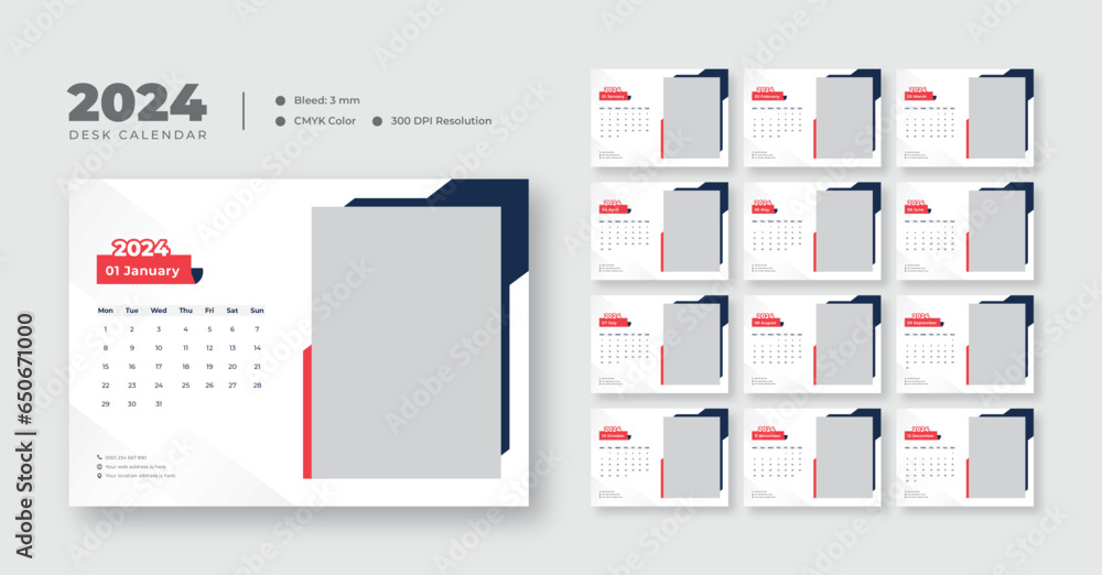 Desk calendar template for 2024, monthly planner design in corporate and business style - obrazy, fototapety, plakaty 