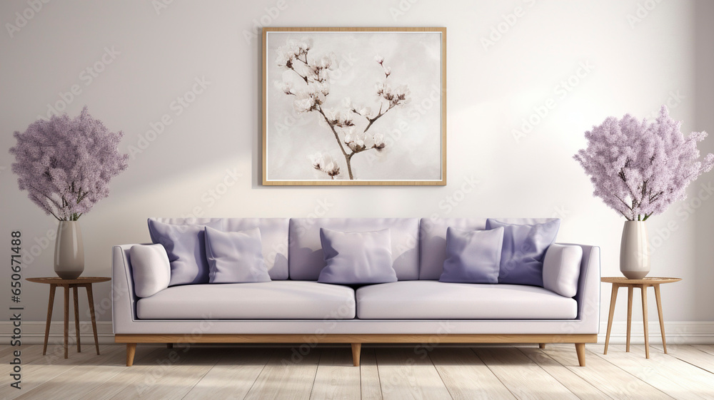 Fototapeta premium Muted Lavender Sofa with Pillows in a Tranquil Setting