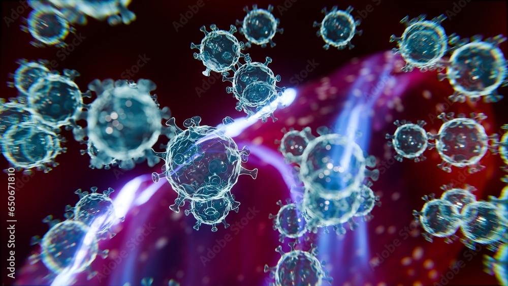 Virus Particles on Red Cell Background, 3D rendering Virus Particles on Red Cell Background, 3D rendering