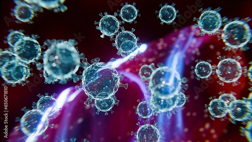 Virus Particles on Red Cell Background, 3D rendering