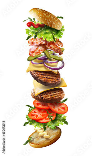 Canvas Print Double hamburger decomposed vertically on a white background