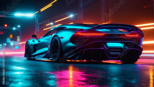 Sportscar with neon shiny background lights in city. Extremely detailed and beautiful concept design illustration
