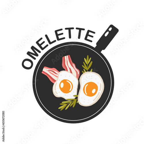 Omelette. Scrambled eggs. Logo, icon and label. Hand-lettering phrase. Vector illustration for menu, shop, truck, restaurant, cafe, bar, poster, breakfast, banner, sticker, placard
