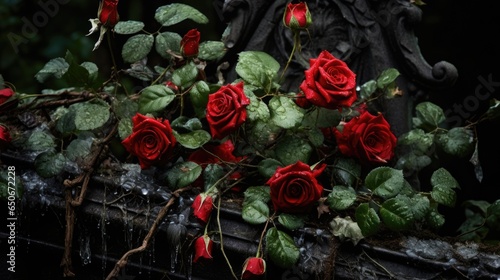 Wild red rose bush thriving in a old gothic cemetery near ruined and overgrown graveyard tombstones, deep dark forest background, romance lost but love is eternal.  photo