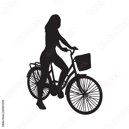 Fototapeta Naklejka Na Ścianę i Meble -  Girl riding bicycle ink silhouette. Black shadow of cyclist. Female image active lifestyle, isolated vector illustration