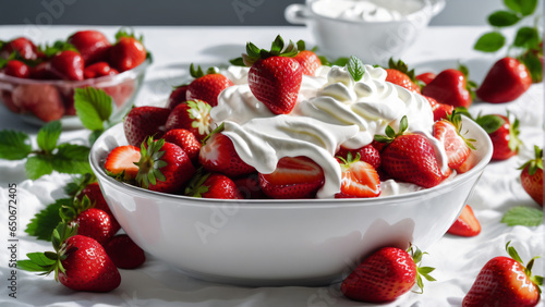 Strawberry with cream in white bowl. Closeup photorealistic concept design image photo