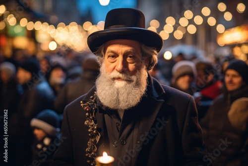 Portrait of senior orthodox jewish man in city. Religious man. Judaism, religion concept. Background for Israel holiday, festival, celebration