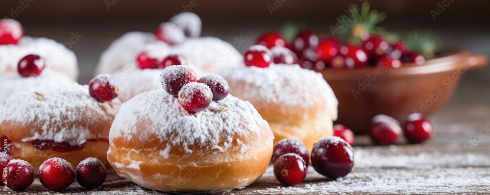 Hanukkah sweet food doughnuts sufganiyot with powdered sugar and fruit jam on light wooden background. Shallow DOF. Jewish holiday Hanukkah concept. Top view with copy space