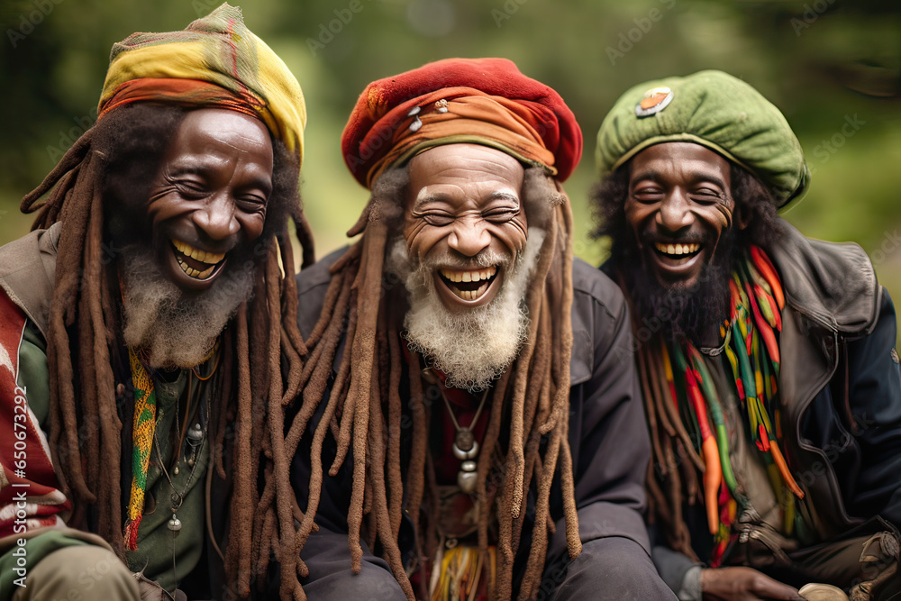 Three Rastafarians having a good time outdoors - obrazy, fototapety, plakaty 