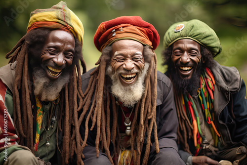 Three Rastafarians having a good time outdoors