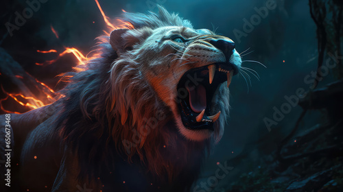 A fierce lion in an enraged roar surrounded by fiery sparkles.