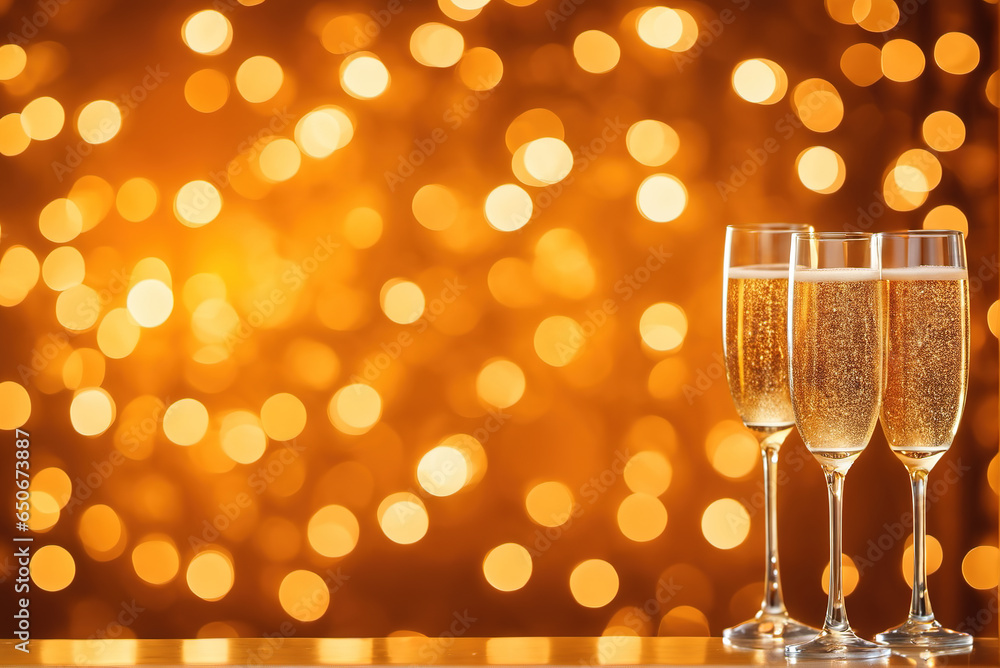 Close-up of champagne glass against golden starry background Close-up of champagne glass against golden starry background