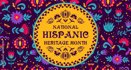 Hispanic Heritage Month. Mexican folk flowers, colorful buds and leaves, Cinco de Mayo festival floral design. Vintage vector illustration. Template for banner, flyer, card, poster.