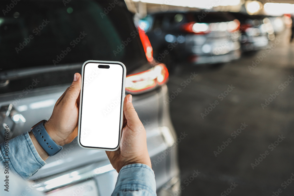 Mockup blank screen mobile phone for app or web site mockup promotion. Ideal for auto dealership, automobile service online, smart car concept, Car shopping online - obrazy, fototapety, plakaty 