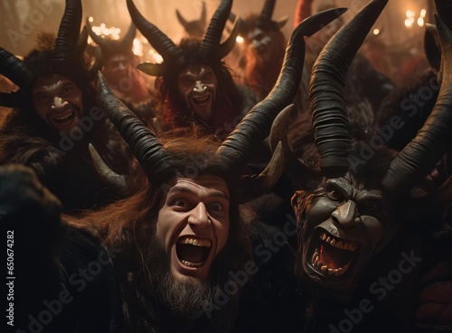 Fényképezés A group of people with horns at the Krampus Night festival