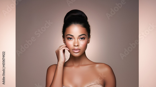 Beautiful young afro american woman with clean fresh skin, on beige, pink background with copy space, facial skin care. Cosmetology, beauty, spa. female cosmetology concept.
