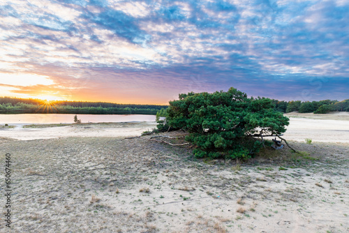 A dramatic and colourful sunset over the Lommelse Sahara  a National Park with sand dunes in Belgium with beautiful reflections in the lake of the clouds and natural colours.