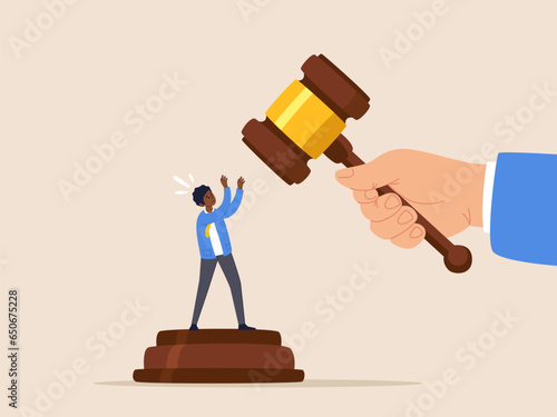 Social inequality, discrimination concept. Injustice and unfairness for black people or racism on people of color, judge using huge justice hammer to punish small black people or African American man.