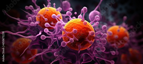 Tumor microenvironment background with cancer cells, T-Cells, nanoparticles, molecules, aand blood vessels. Oncology research concept photo