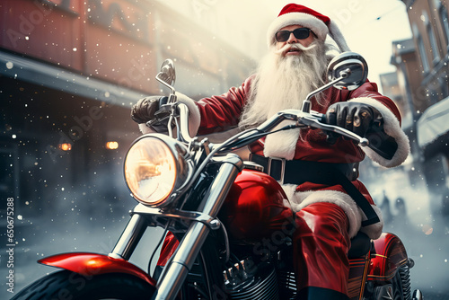 Portrait of brutal Santa Claus in red clothing and black sunglasses rides a chopper motorcycle.  © SalenayaAlena