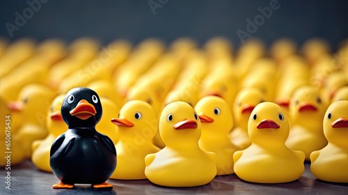 Standing Out of the Crowd. Black Duck Among Yellow Ducks - Diversity Concept photo