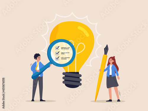 Business idea concept. Viability checking, feasibility study by market research to see possibility to success in real world, evaluate profitable, businessman with magnifier analyze lightbulb idea.