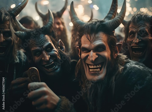 Fotótapéta A group of people with horns at the Krampus Night festival